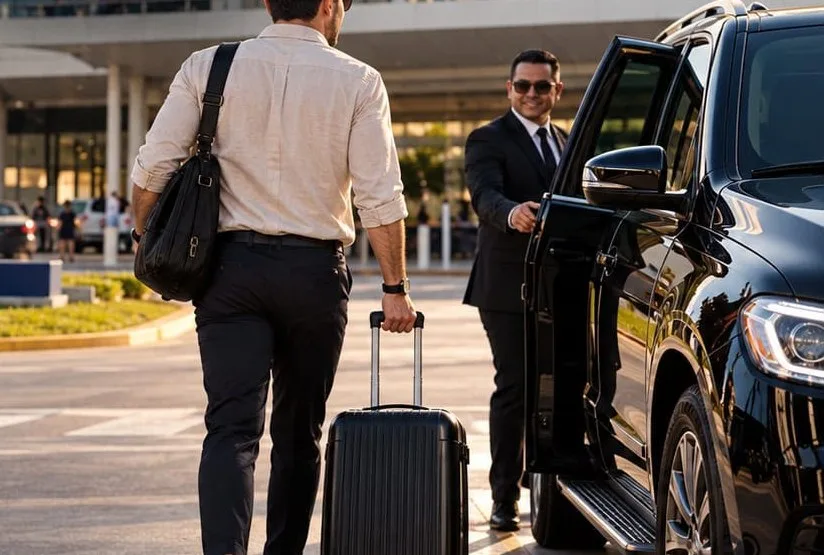 Chofer de Travel VIP recibiendo a un pasajero en el Aeropuerto Internacional Palmerola